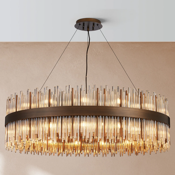 Round chandelier with bronze frame and clear glass rods