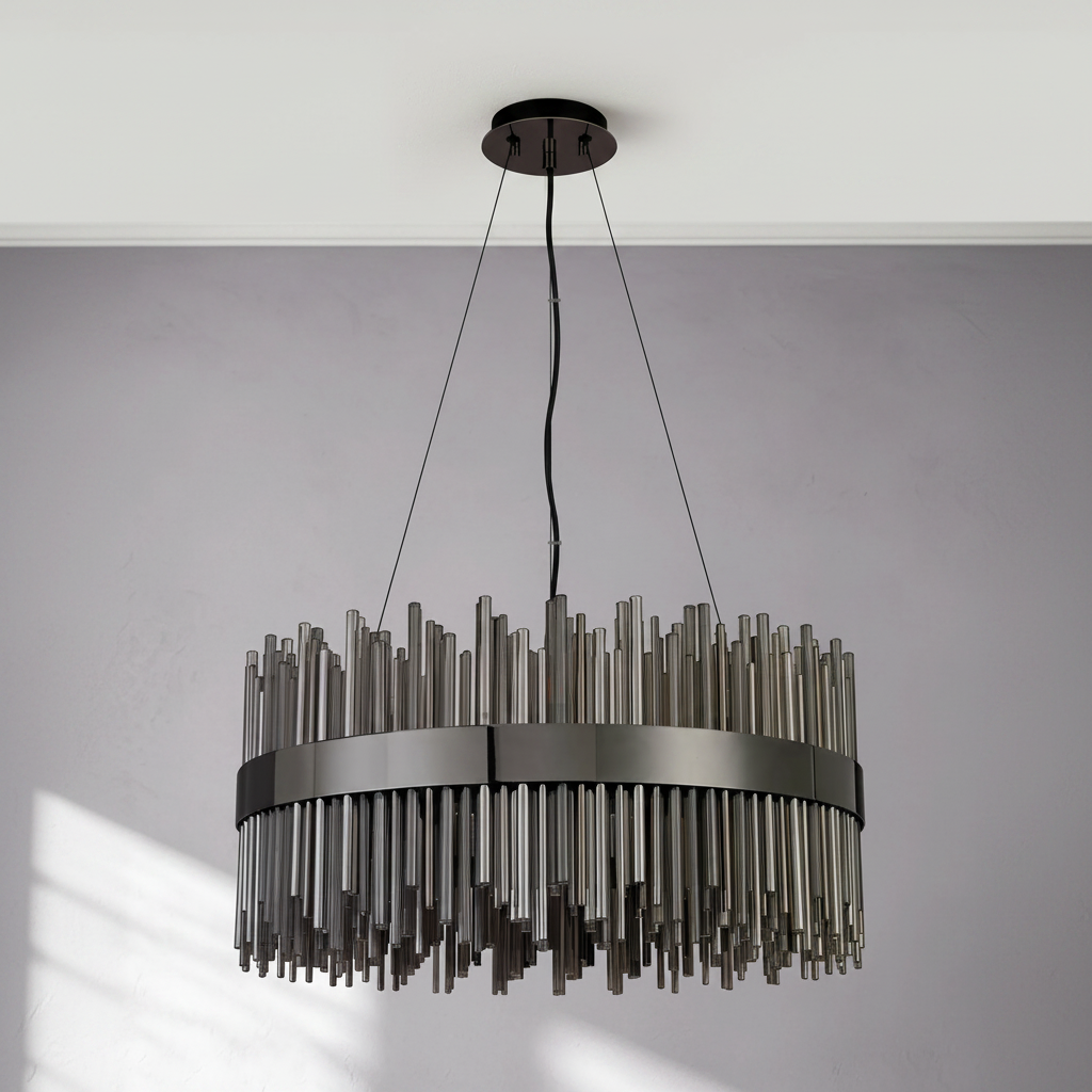 Round chandelier with dark metal frame and many vertical glass rods
