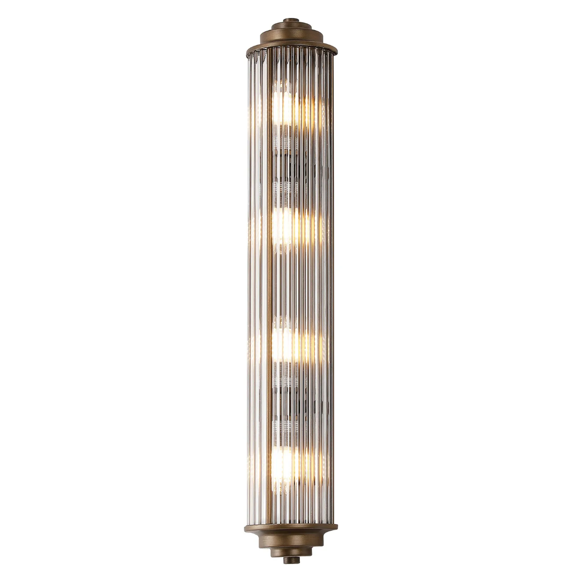 Vertical fluted glass wall light with four exposed bulbs and bronze metalwork