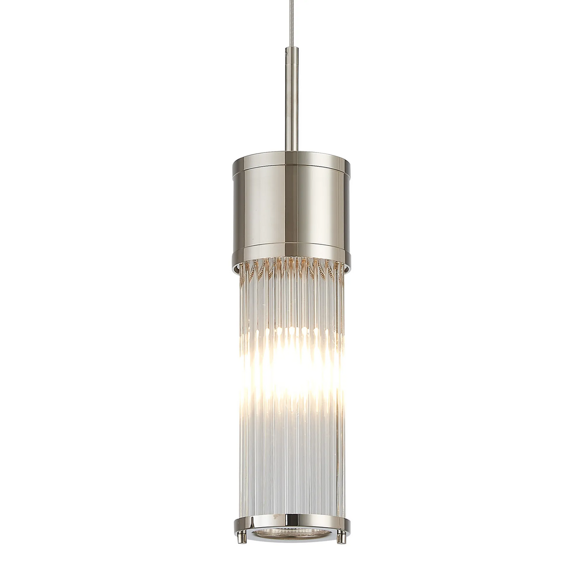 Tansley E14 IP44 Single Drop Pendant in Polished Nickel with Clear Glass Rods