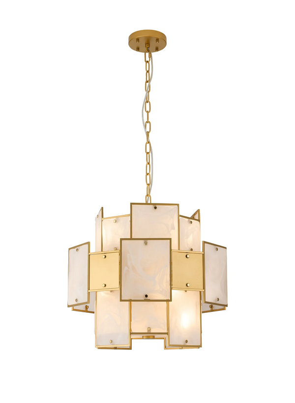 Gold chandelier with rectangular white and gold panels