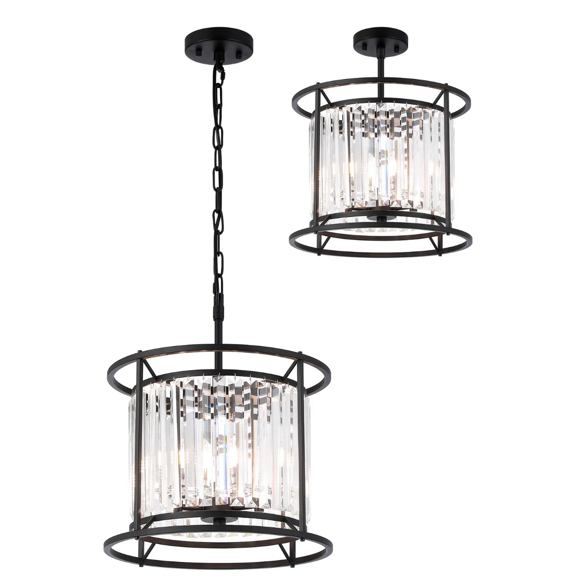Two black metal and crystal chandeliers, one hanging by a chain and one flush mounted