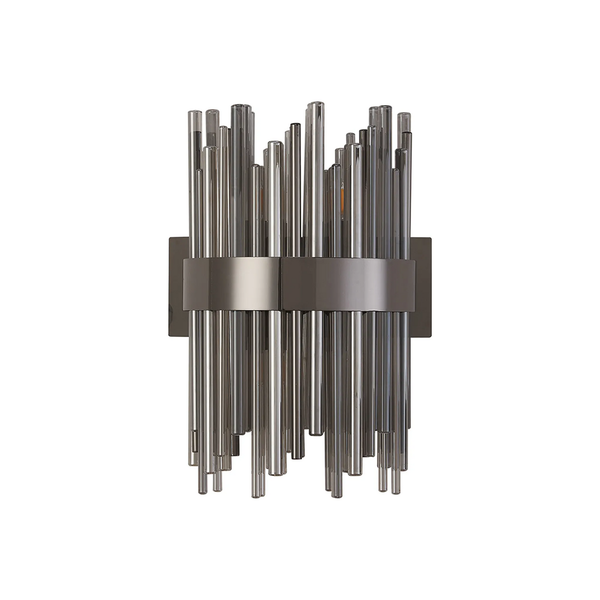 Sconce with a dark bronze metal band and clear glass rods