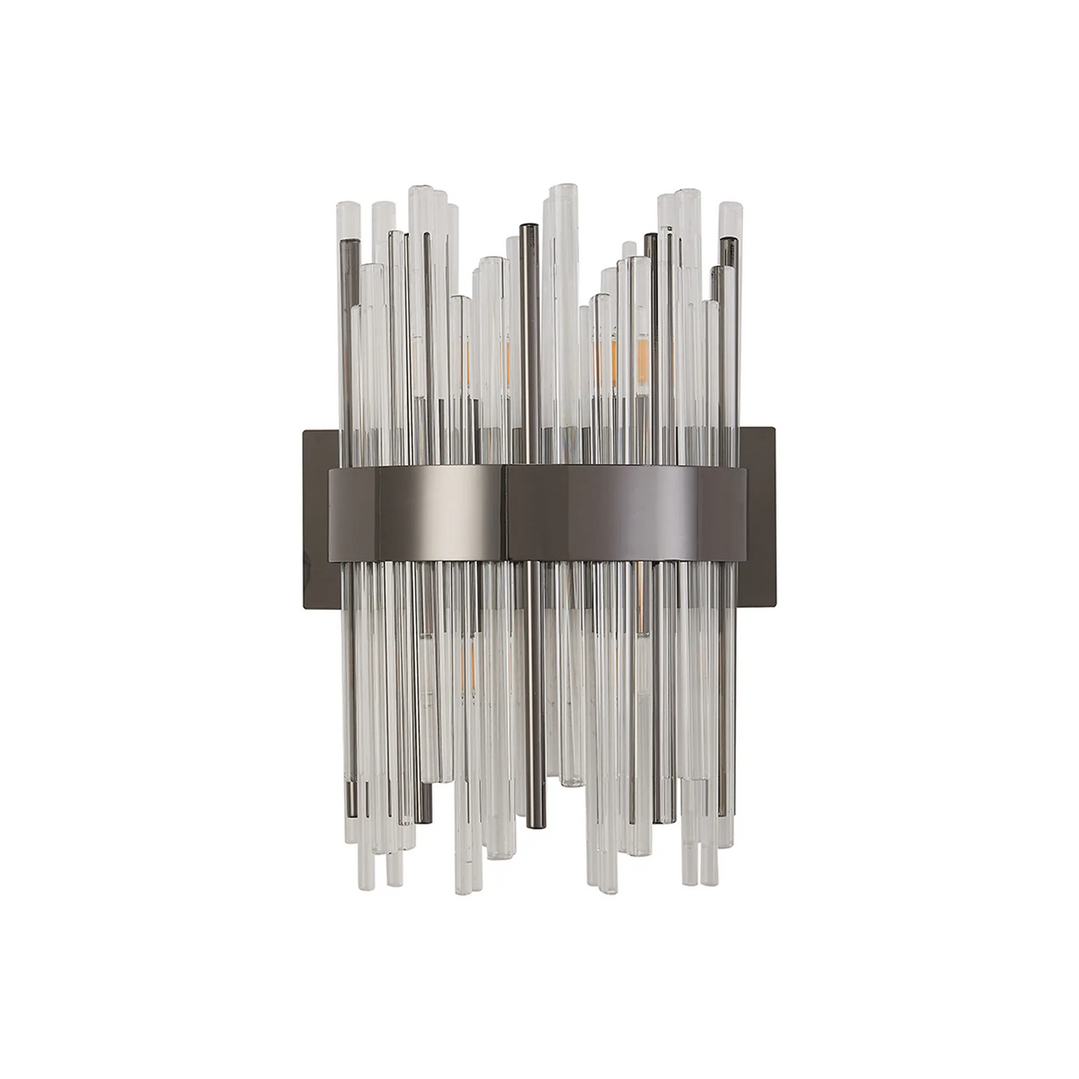 Rectangular wall sconce with clear glass rods and a dark metal band