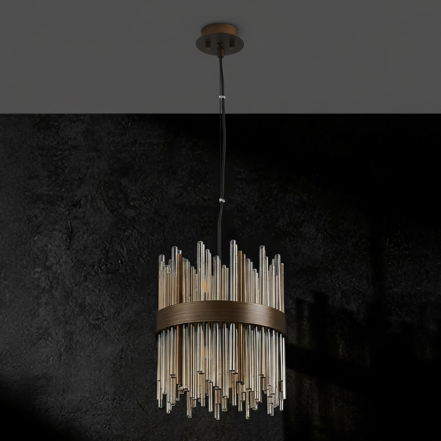 Bronze chandelier with clear and amber glass rods