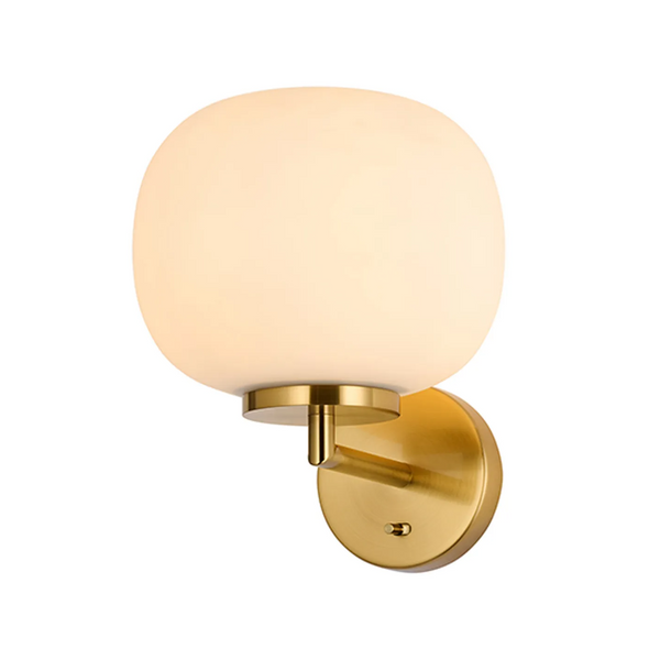 Milton Small Oval Ball Switched Wall Light in Aged Brass & Frosted White Shade