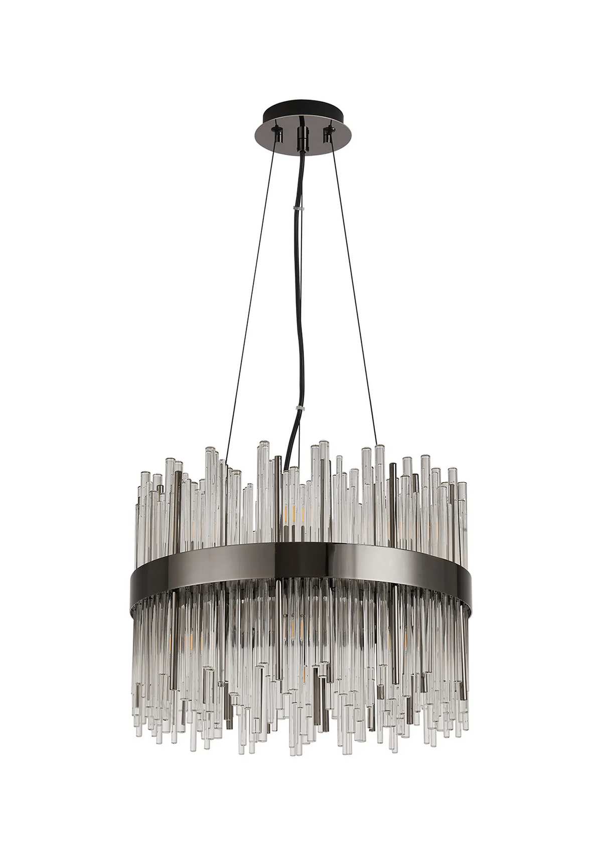 Round chandelier with a dark metal frame and clear glass rods of varying lengths