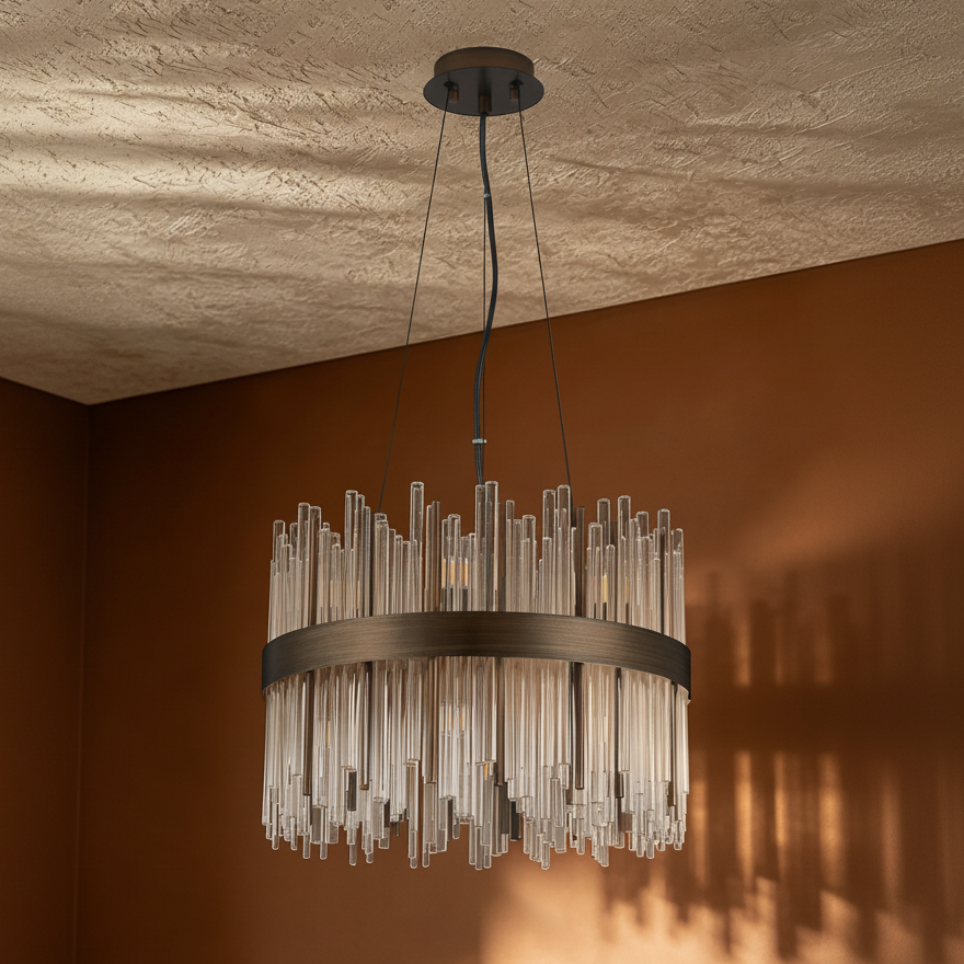 Round chandelier with a dark bronze frame and clear glass rods hanging from a textured ceiling