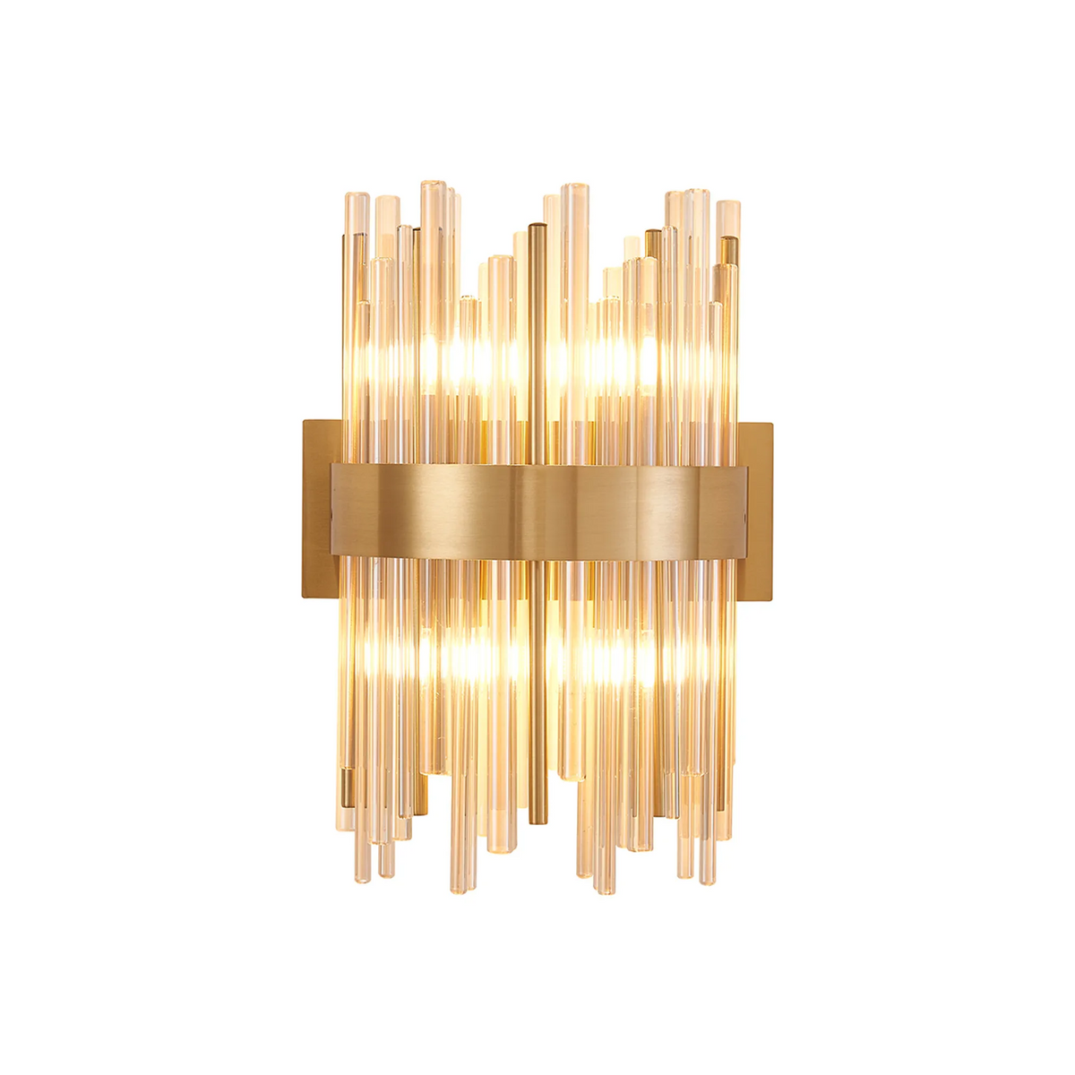 Rectangular wall sconce with a brass base and vertical clear glass rods, illuminated from within