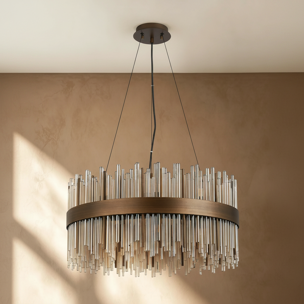Oval chandelier with bronze frame and clear glass rods