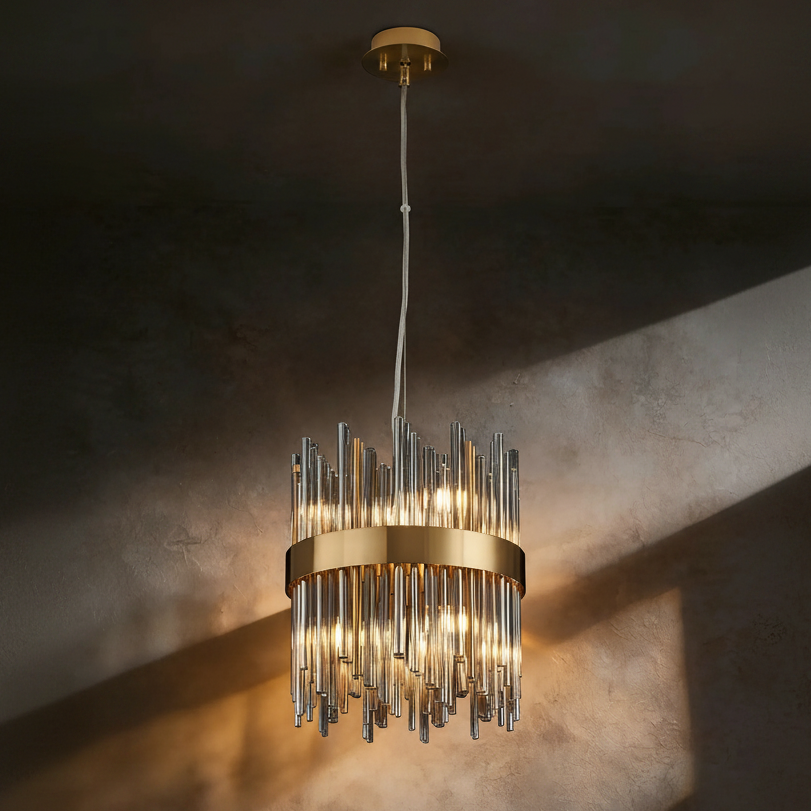 Brass and glass chandelier with multiple vertical glass rods and a gold band