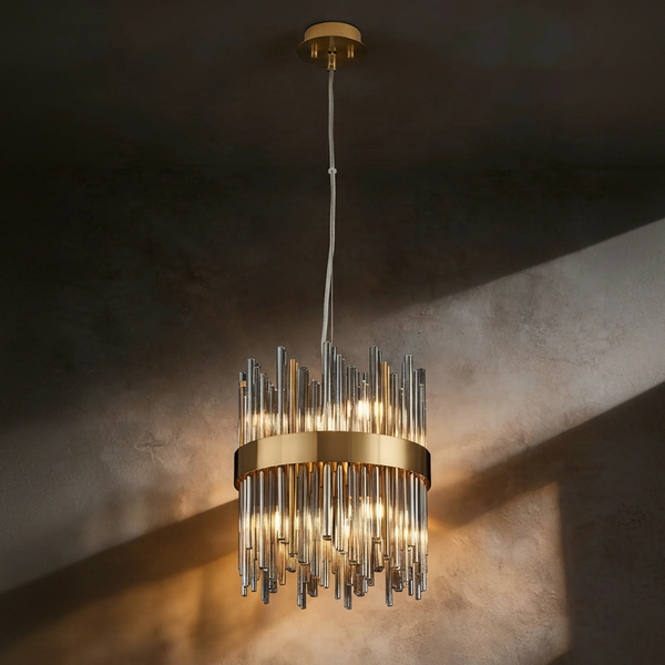Brass and glass chandelier with multiple vertical glass rods and a gold band