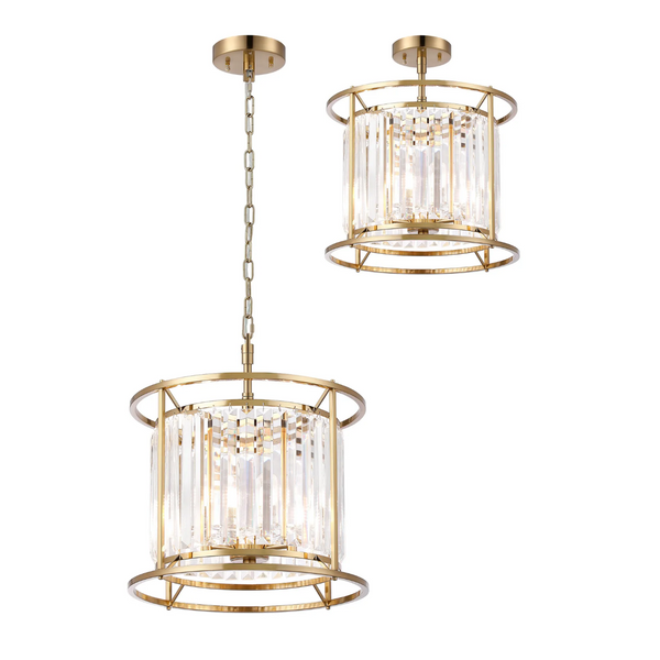 Two gold and crystal chandeliers, one hanging by a chain, the other flush mounted
