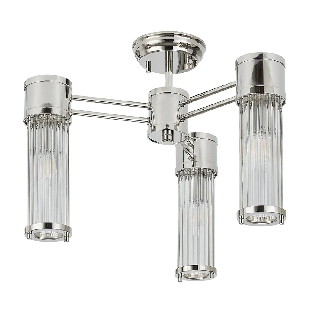 Tansley E14 IP44 Three Light Semi Flush Ceiling Light in Polished Nickel with Clear Glass Rods
