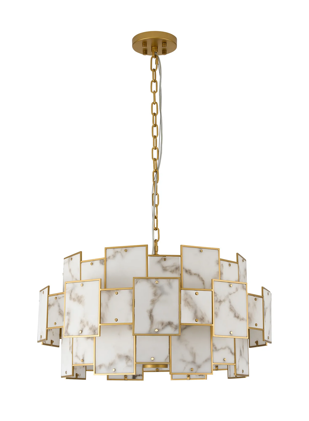 Gold chandelier with square marble-patterned panels