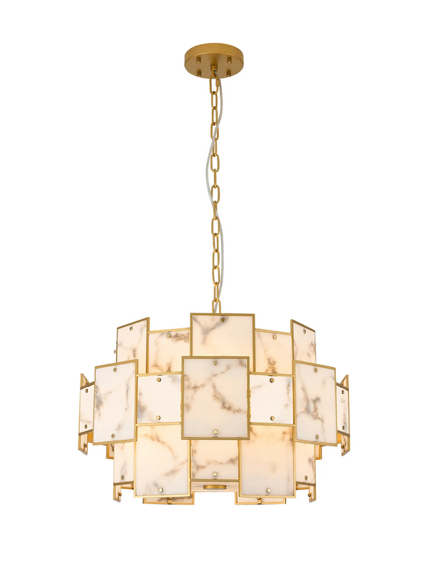 Gold chandelier with rectangular white marble panels