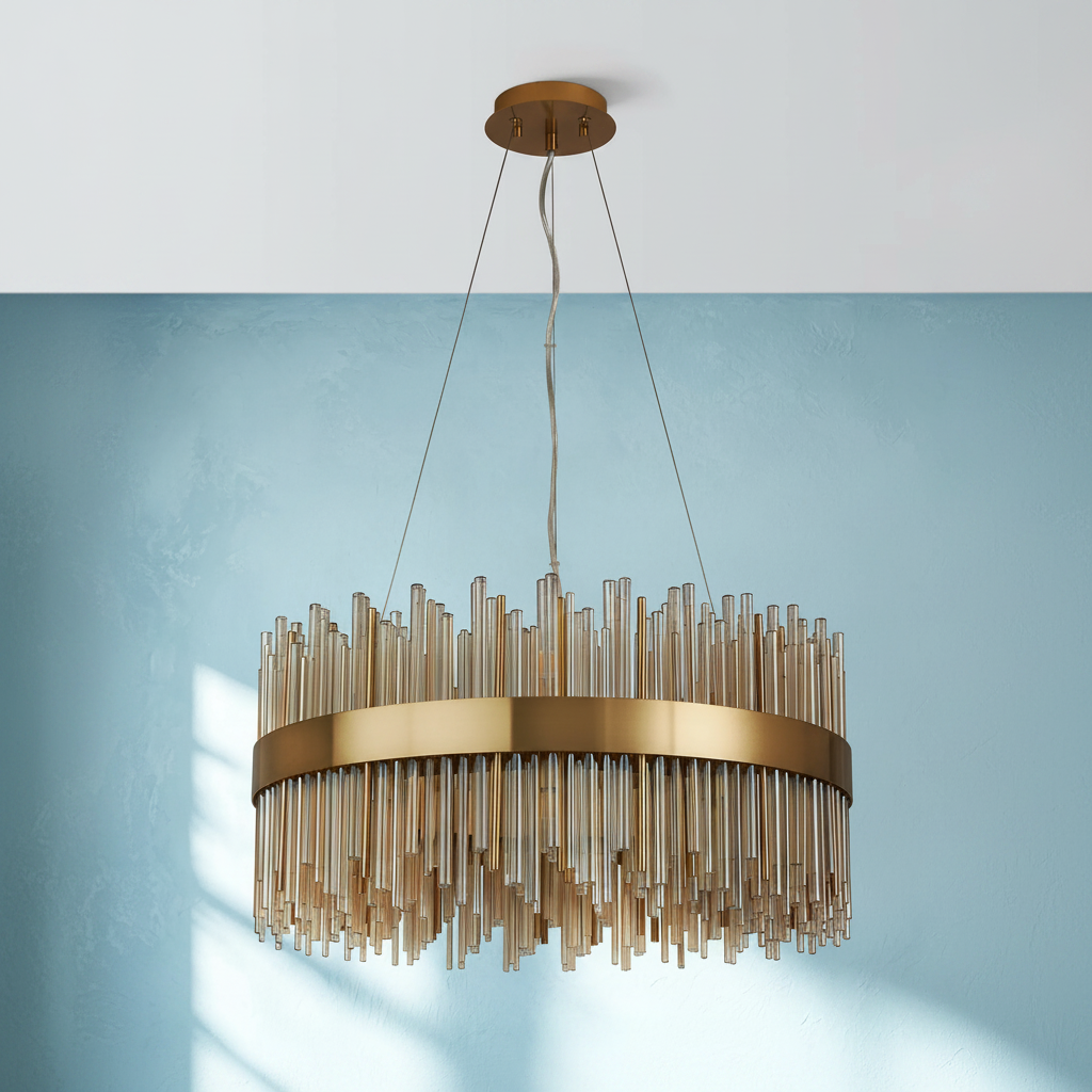 Round chandelier with a gold frame and amber glass rods hanging from a white ceiling against a blue wall