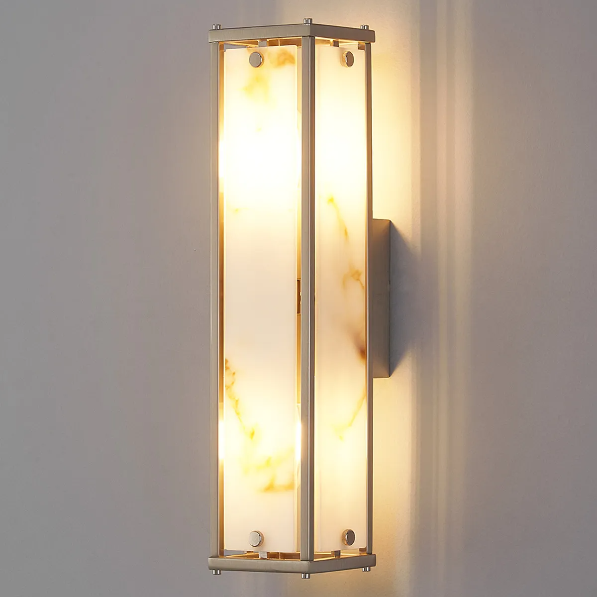 Scarva IP44 400mm Rectangular Wall Light in Satin Nickel with Brown Faux Alabaster