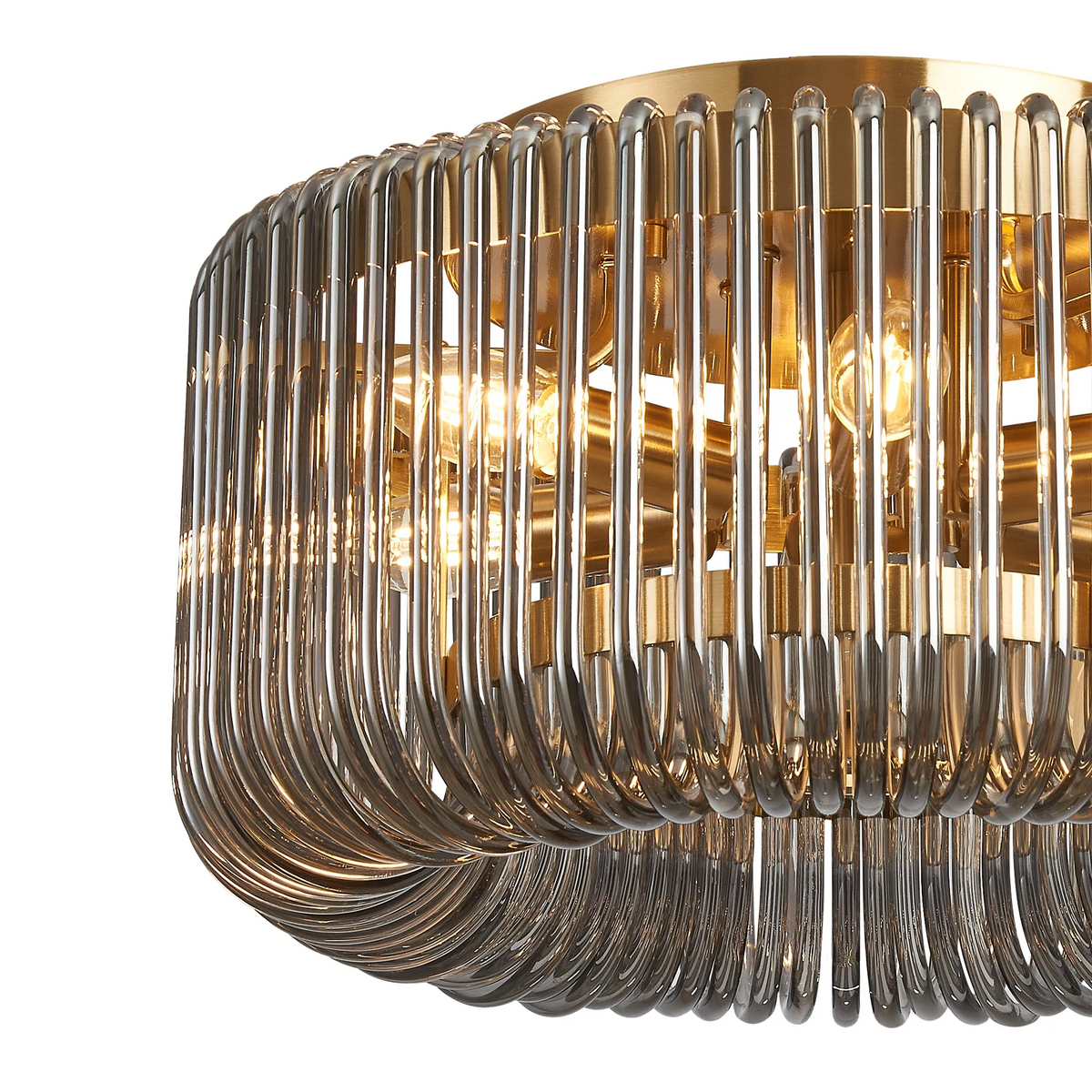 Jevington 400mm Flush Ceiling Light in Brass with Smoked Glass