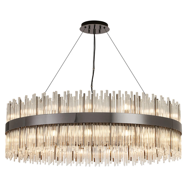 Oval chandelier with clear glass rods and a dark metal frame