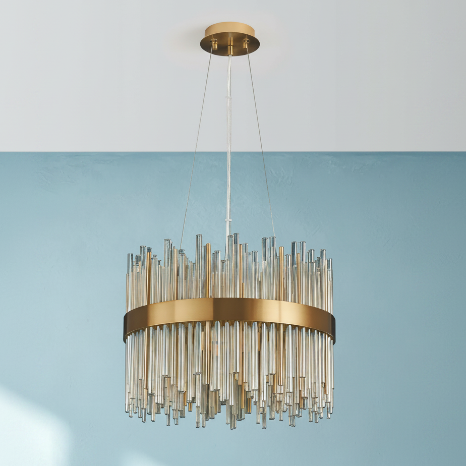 Round chandelier with a gold frame and clear glass rods