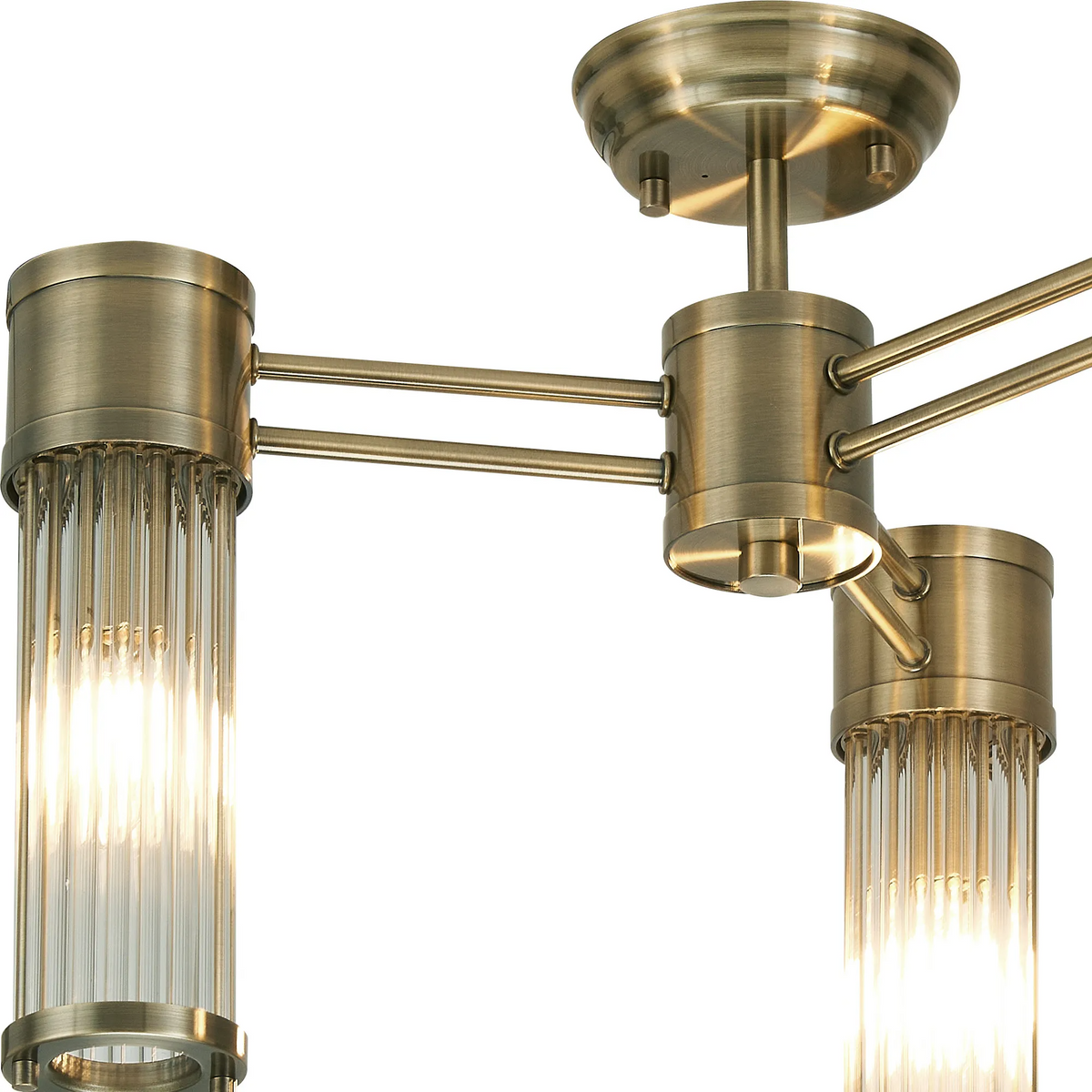 Tansley E14 IP44 Three Light Semi Flush Ceiling Light in Antique Brass with Clear Glass Rods