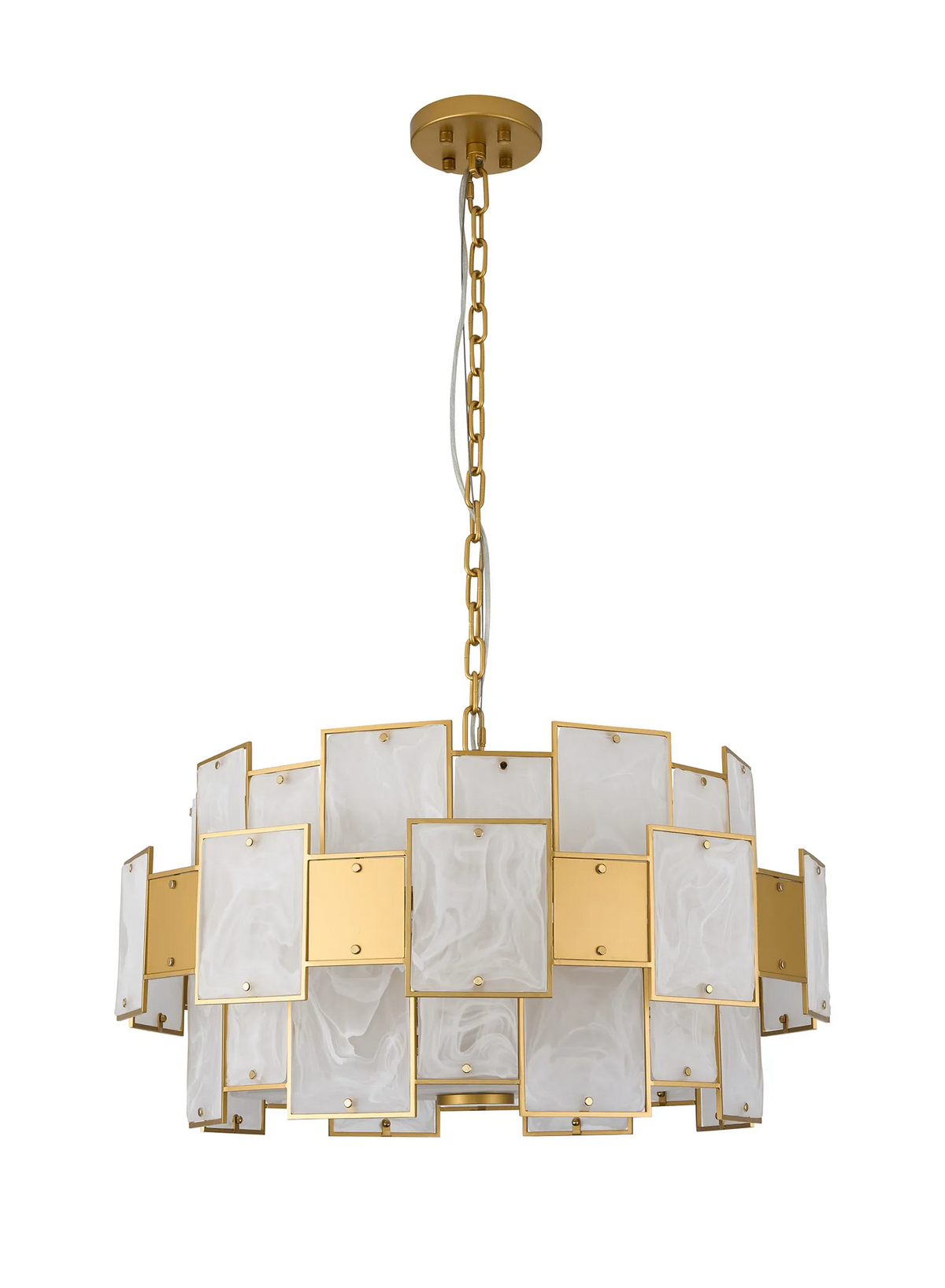 Gold chandelier with rectangular white and gold panels