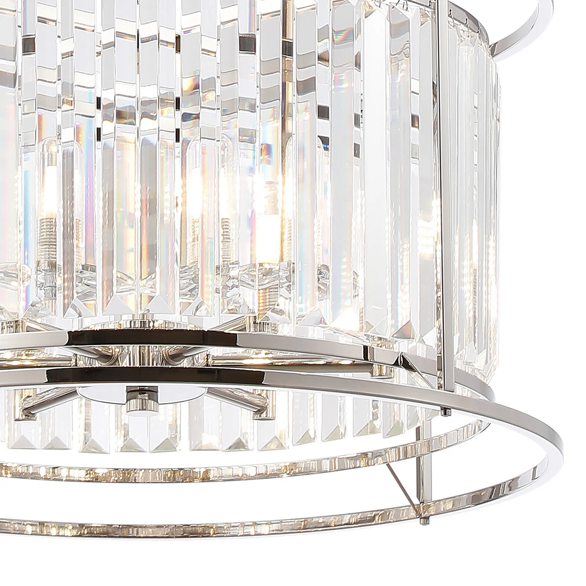 Close up of a crystal chandelier with rectangular prisms and a chrome frame
