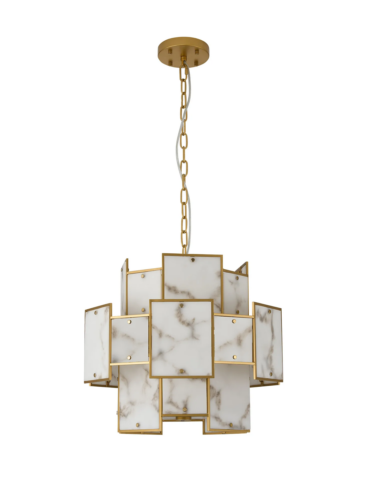 Gold chandelier with rectangular white marble panels