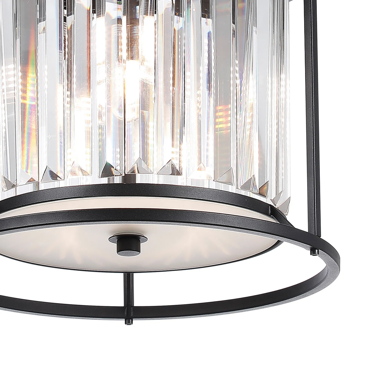 Close up of a black and clear crystal chandelier