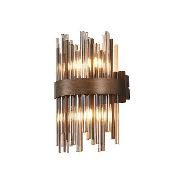 Wall sconce with vertical glass rods in varying lengths, secured by a bronze band, illuminated from within