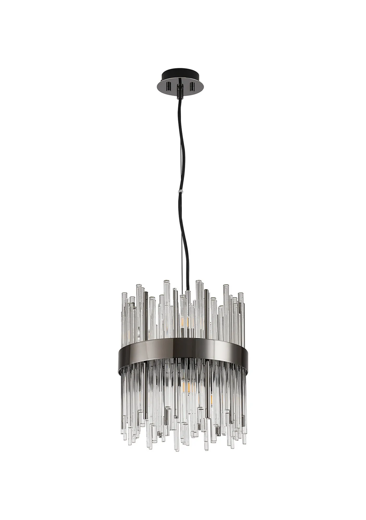 Round chandelier with clear glass rods and a dark metal band