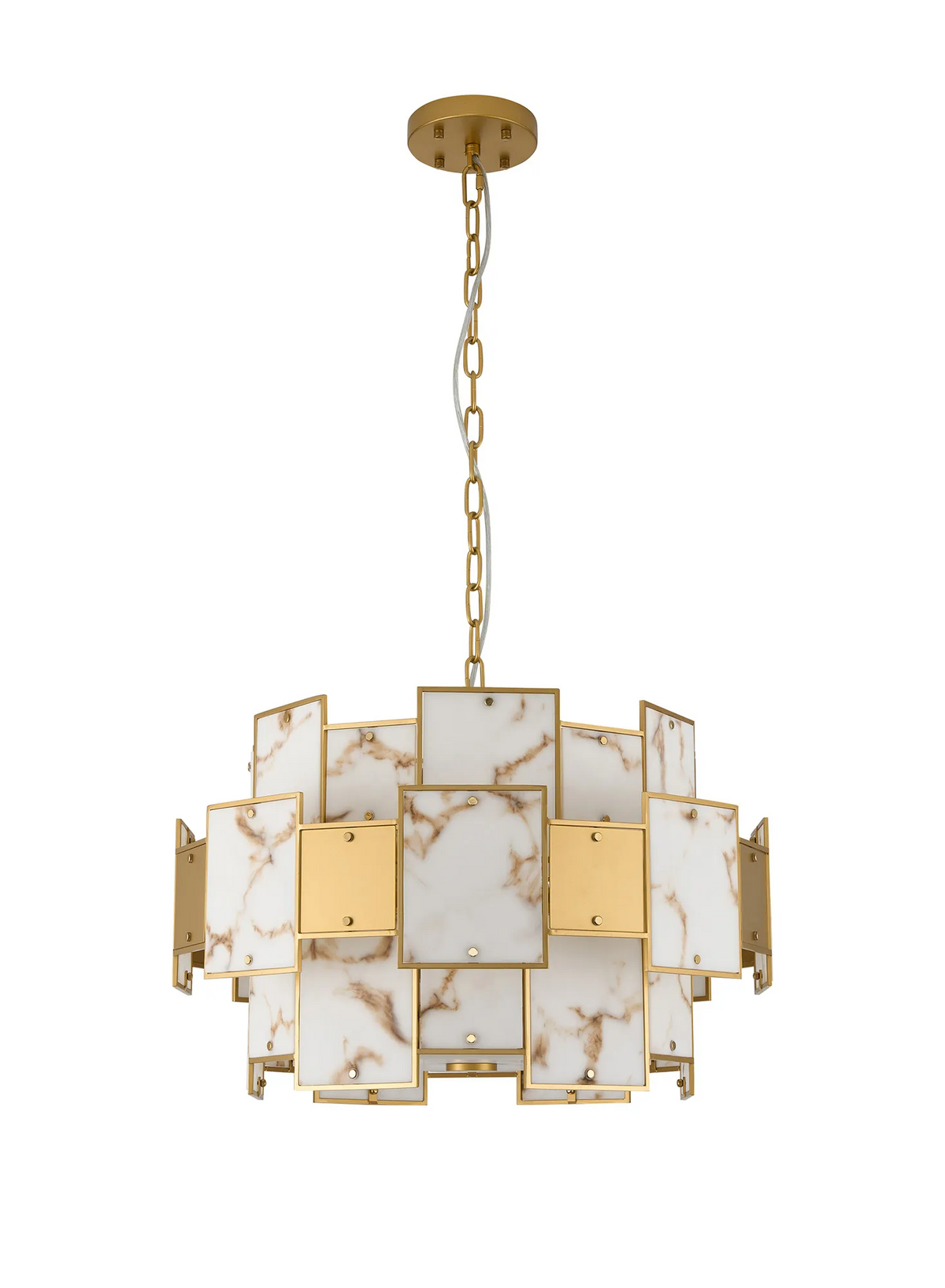 Gold chandelier with white marble-effect rectangular panels