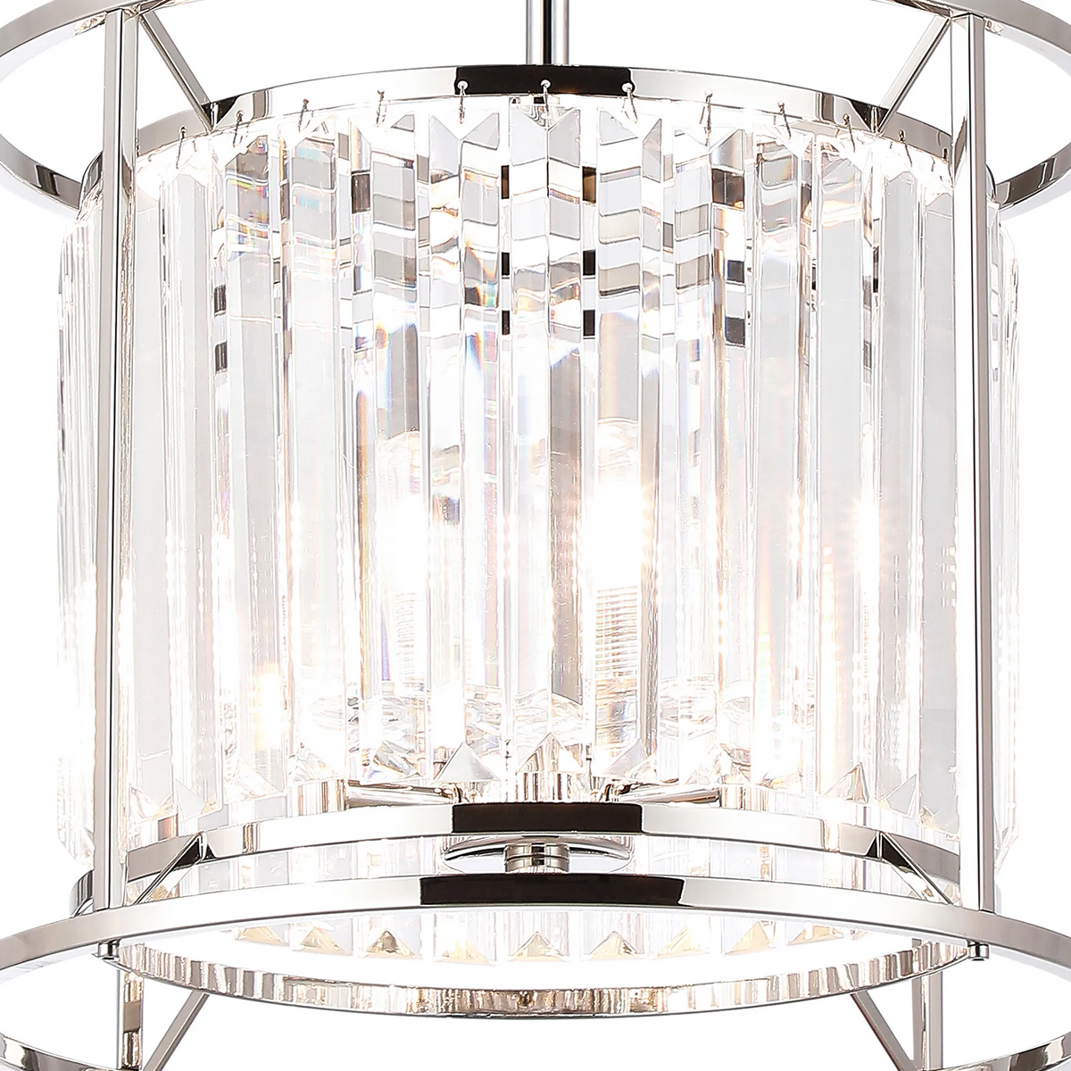 Close-up of a chrome chandelier with clear rectangular crystal accents