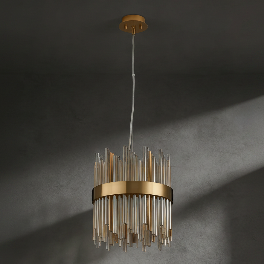 Round chandelier with gold metal band and clear and amber glass rods