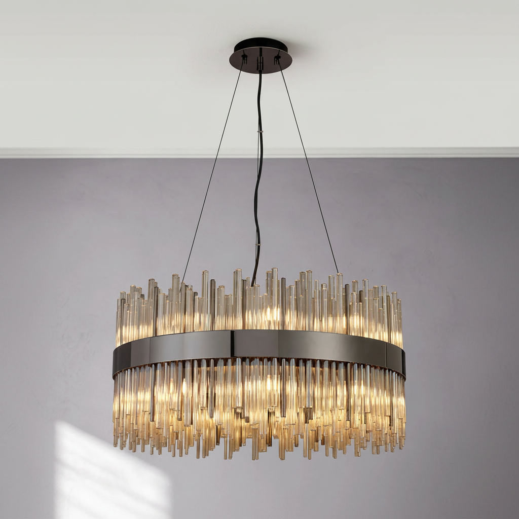 Round chandelier with bronze metal band and clear glass rods
