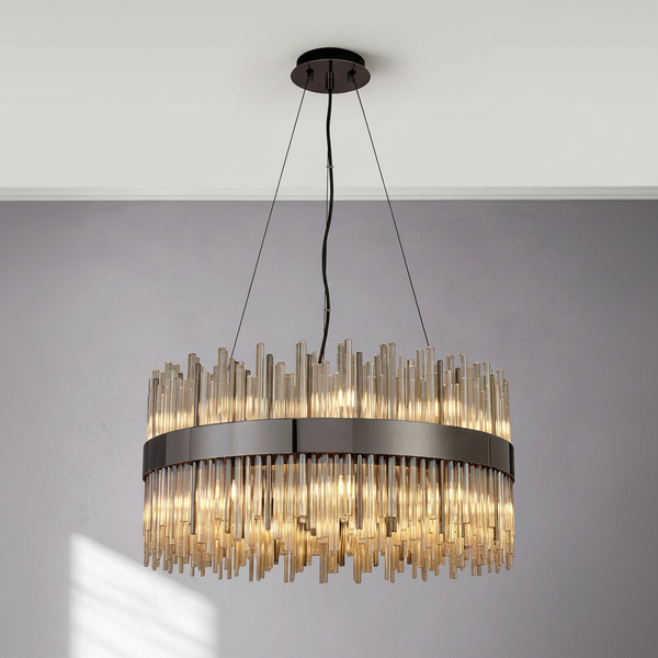 Round chandelier with bronze metal band and clear glass rods