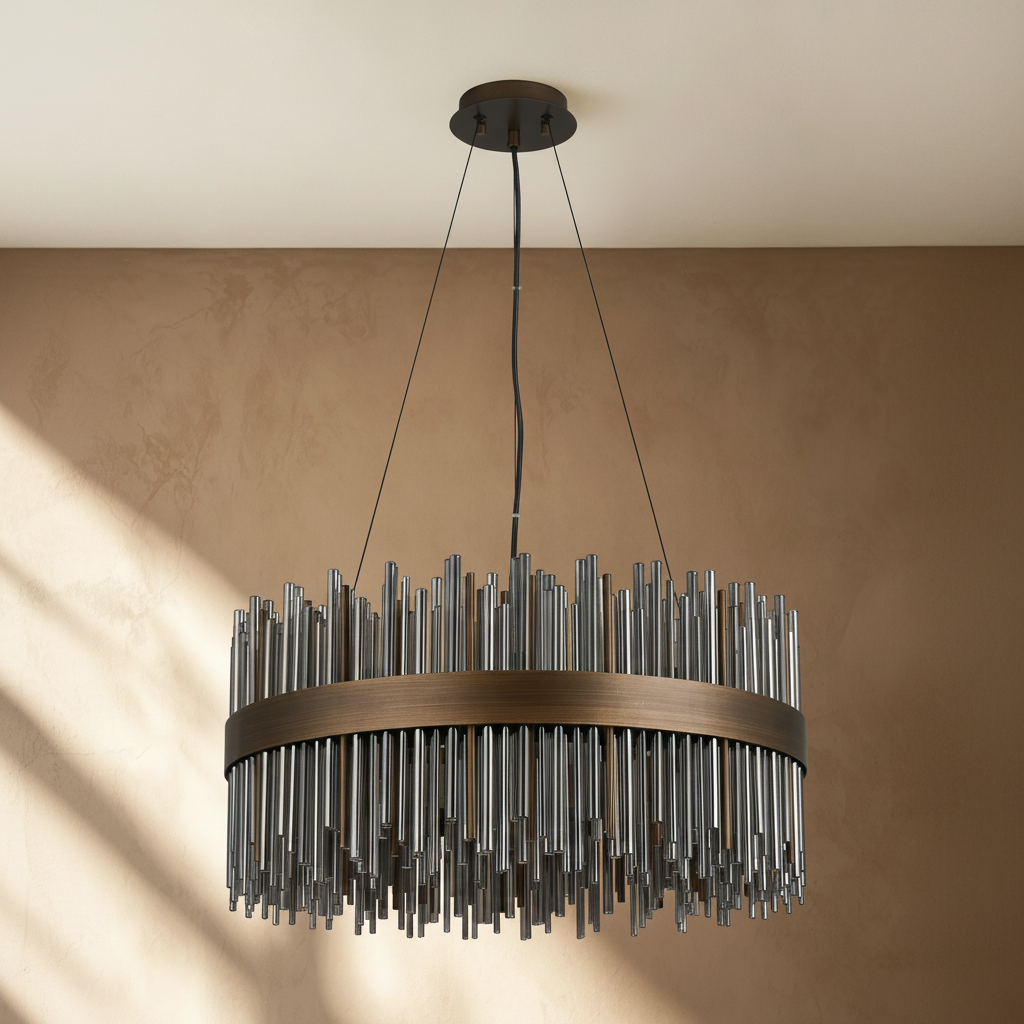 Round chandelier with a bronze band and vertical glass rods