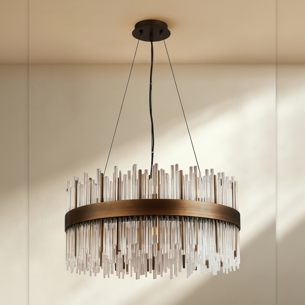 Round chandelier with bronze frame and clear glass rods hanging from a ceiling