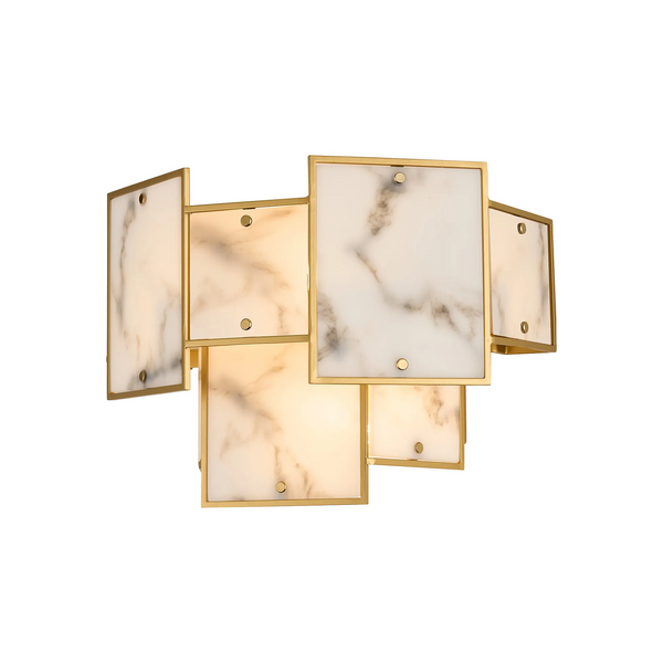 Gold wall sconce with rectangular marble-patterned glass panels