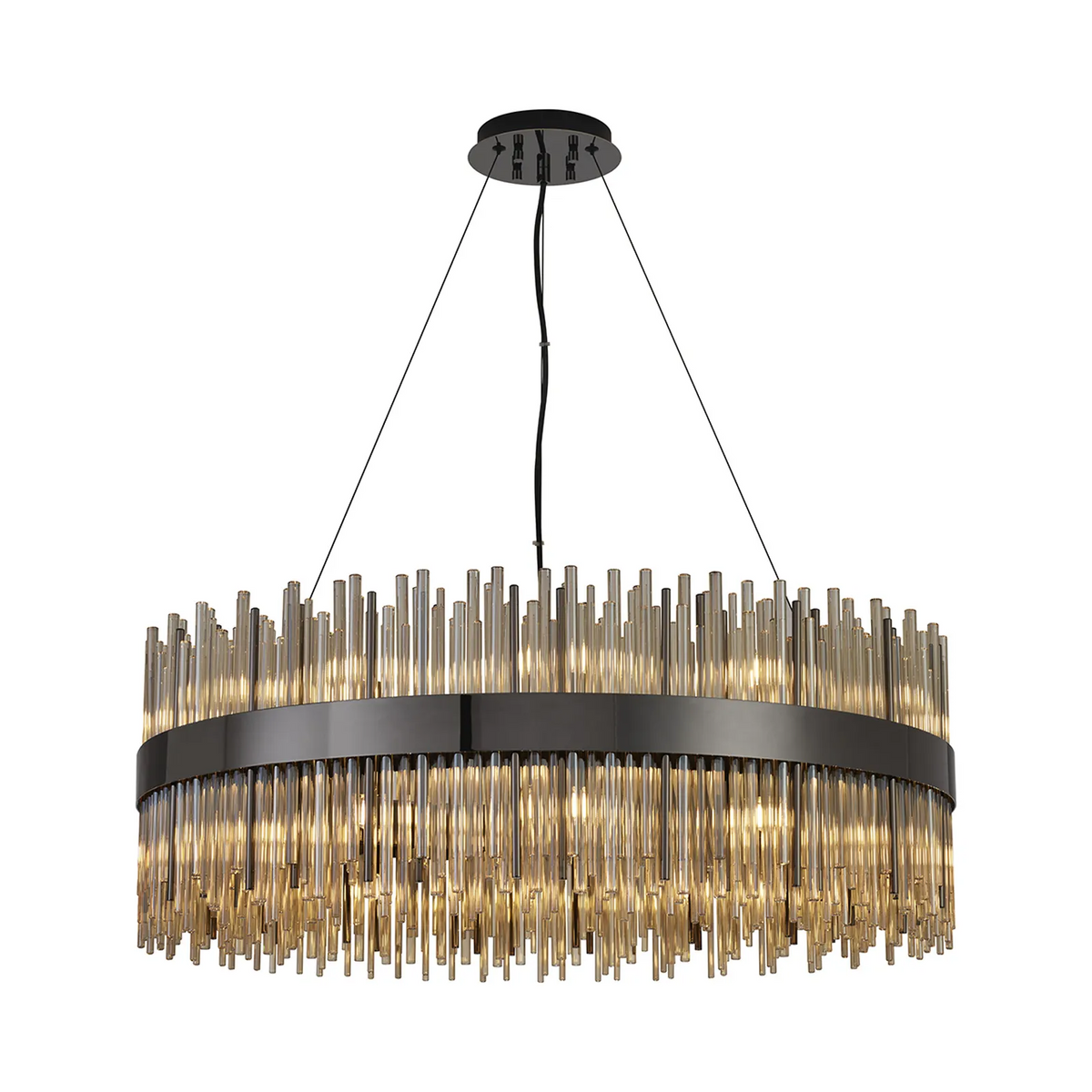 Round chandelier with a dark metal frame and multiple clear glass rods hanging down, illuminated from within