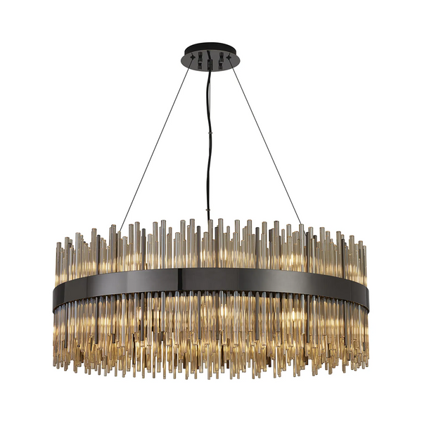 Round chandelier with a dark metal frame and multiple clear glass rods hanging down, illuminated from within