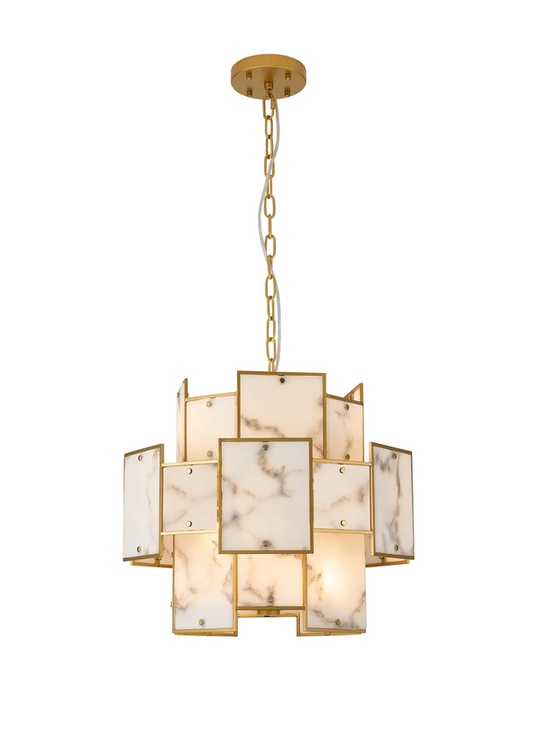 Gold chandelier with rectangular marble-patterned glass panels