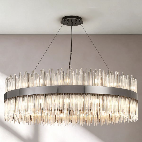 Large oval chandelier with clear glass rods and a dark metal band