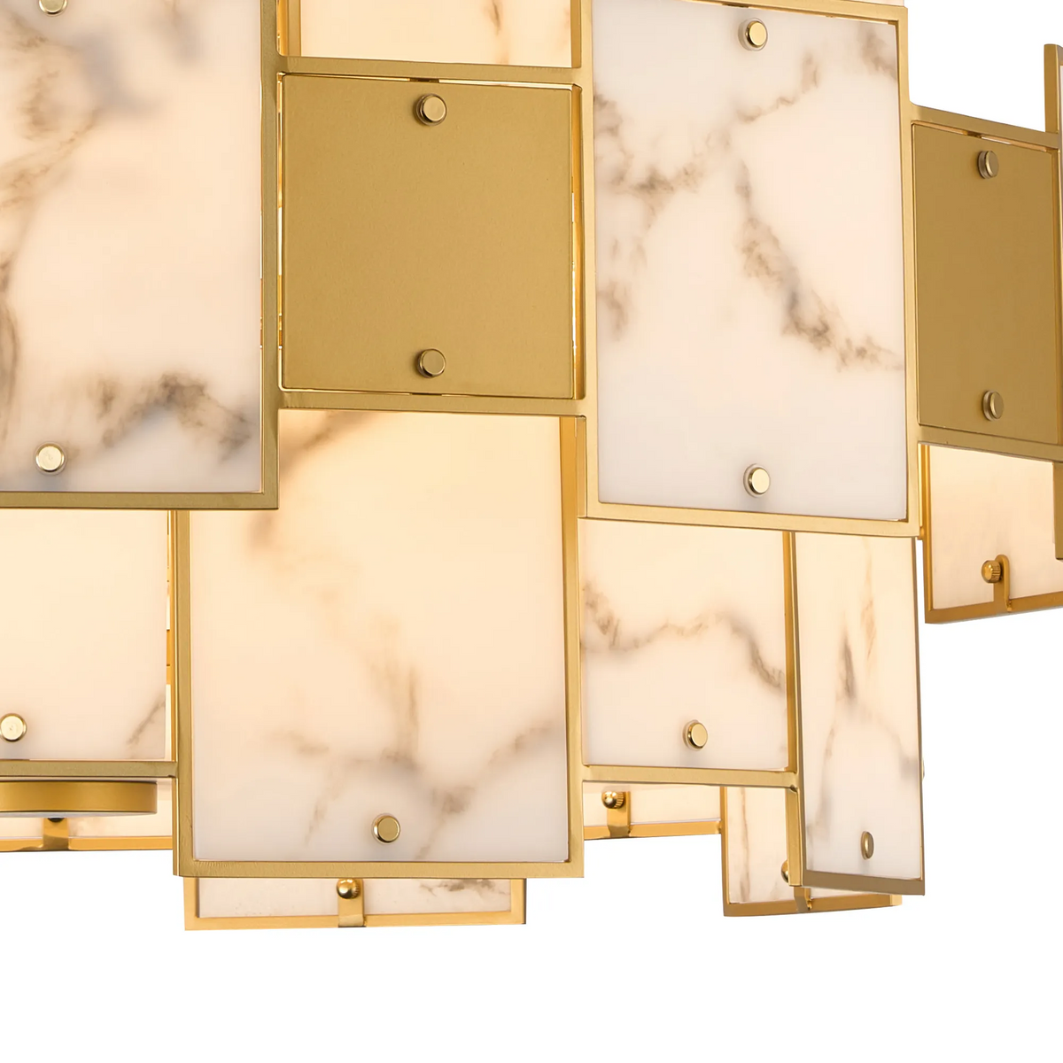Close up of a gold chandelier with rectangular marble panels