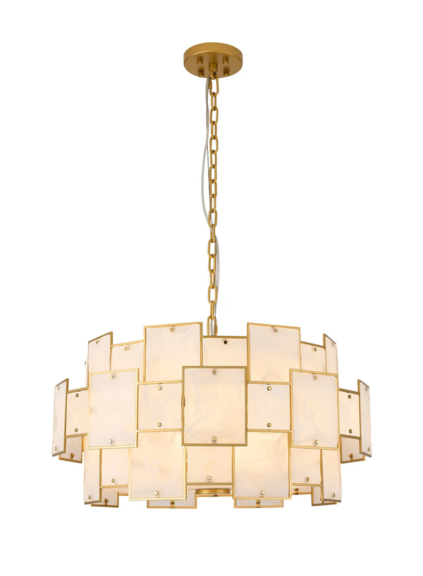 Gold chandelier with rectangular frosted glass panels
