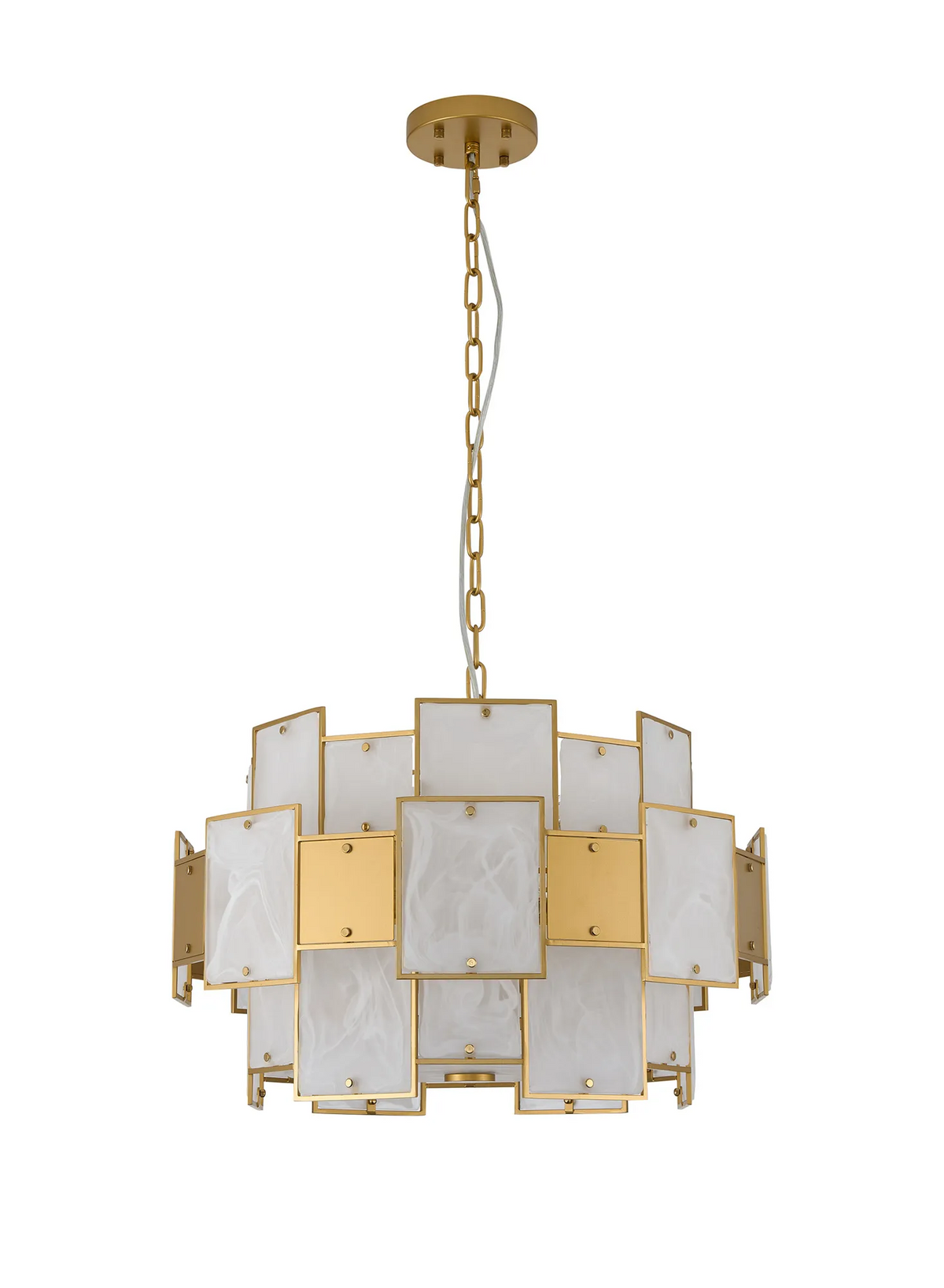 Gold chandelier with rectangular white and gold panels