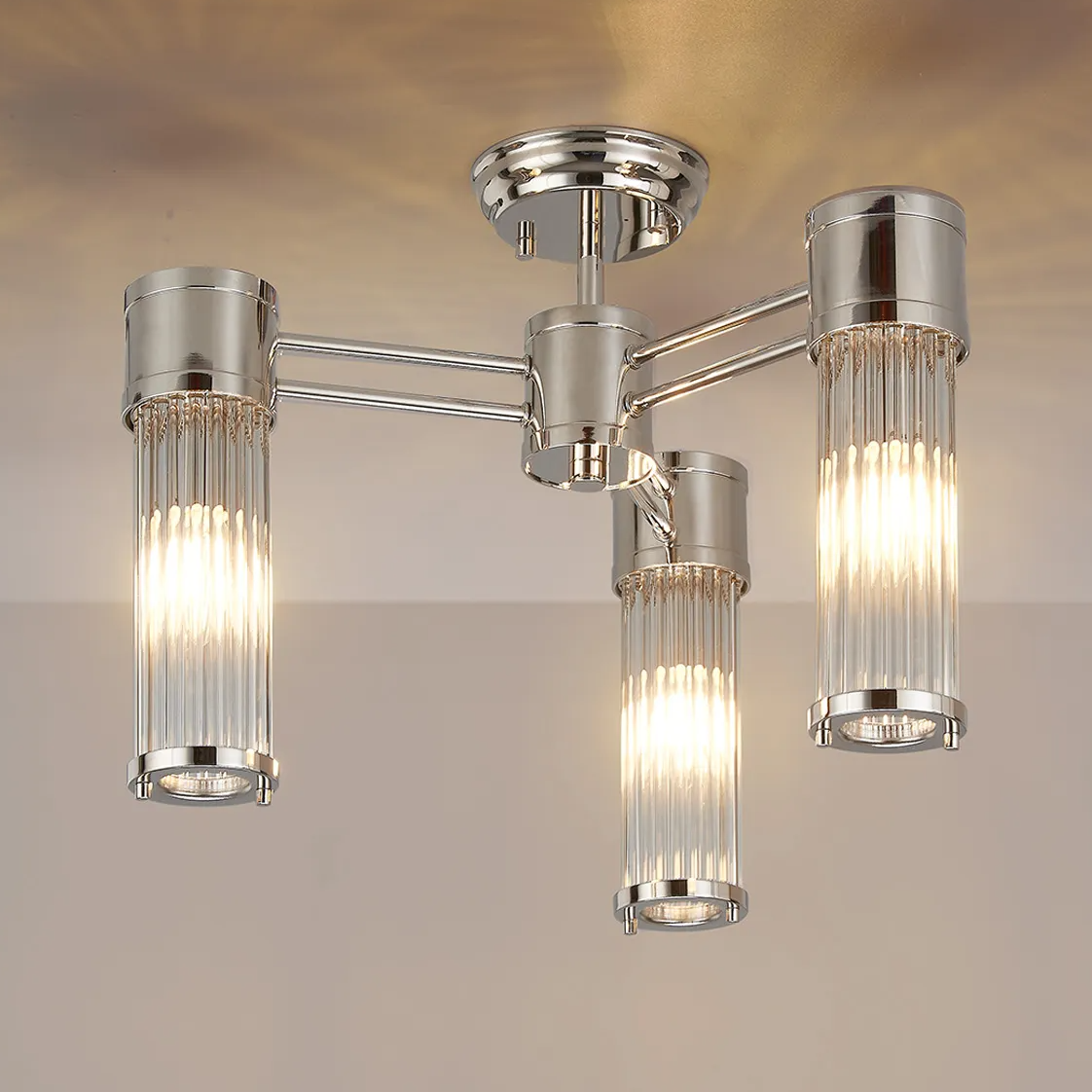 Tansley E14 IP44 Three Light Semi Flush Ceiling Light in Polished Nickel with Clear Glass Rods