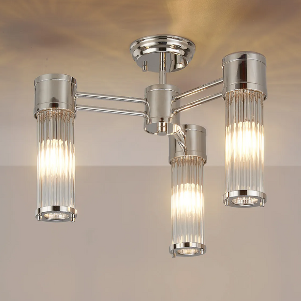 Tansley E14 IP44 Three Light Semi Flush Ceiling Light in Polished Nickel with Clear Glass Rods