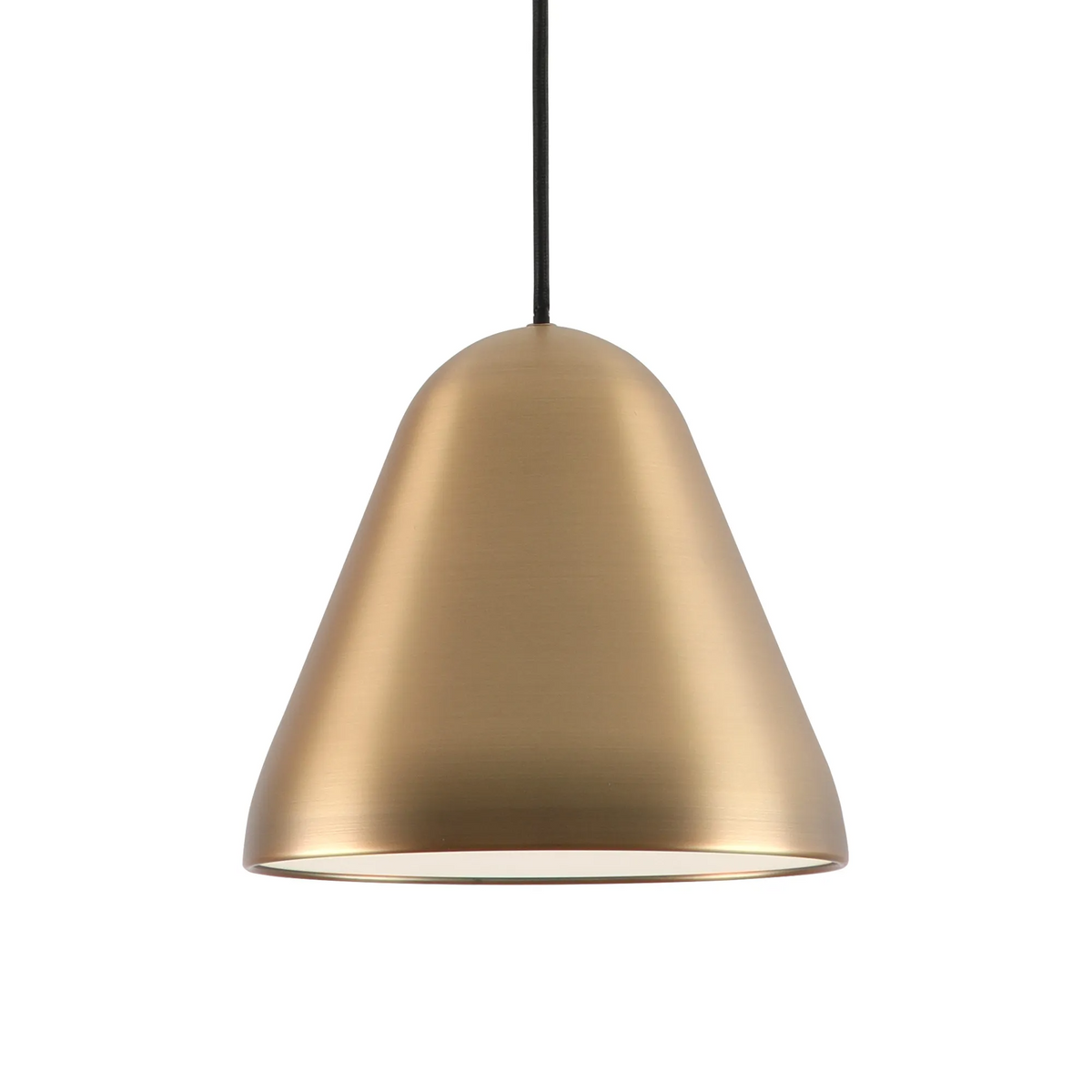 Brushed brass pendant light with a conical shade and a black cord